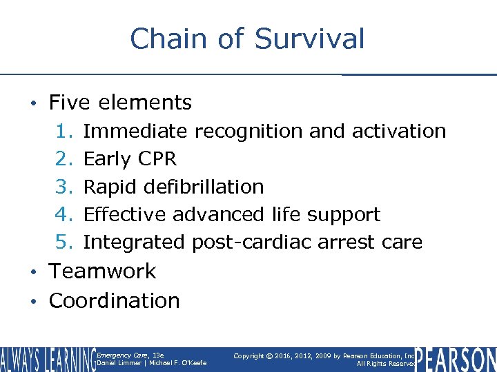 Chain of Survival • Five elements 1. 2. 3. 4. 5. Immediate recognition and