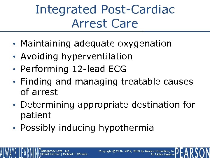 Integrated Post-Cardiac Arrest Care Maintaining adequate oxygenation Avoiding hyperventilation Performing 12 -lead ECG Finding