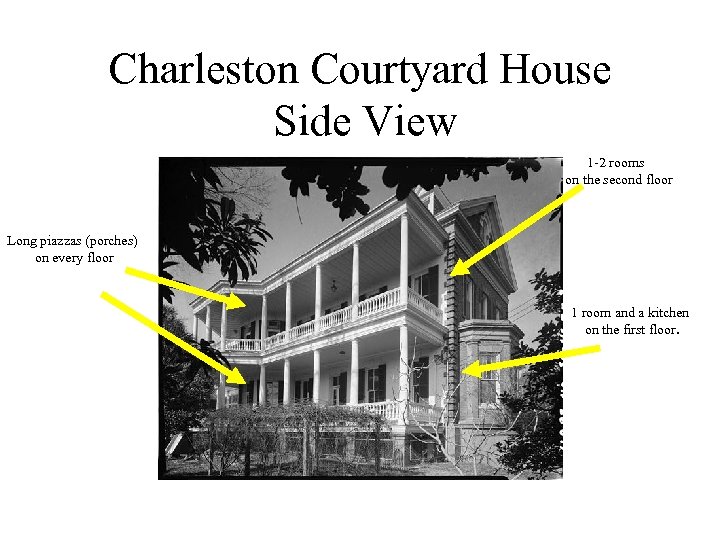 Charleston Courtyard House Side View 1 -2 rooms on the second floor Long piazzas