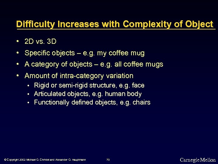 Difficulty Increases with Complexity of Object • 2 D vs. 3 D • Specific