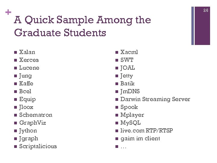 + 26 A Quick Sample Among the Graduate Students Xalan Xerces Lucene Jung Kaffe