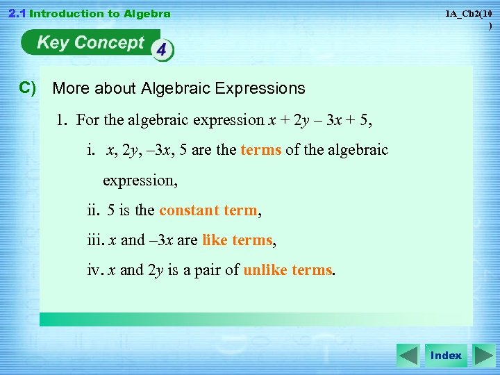 2. 1 Introduction to Algebra 1 A_Ch 2(10 ) C) More about Algebraic Expressions
