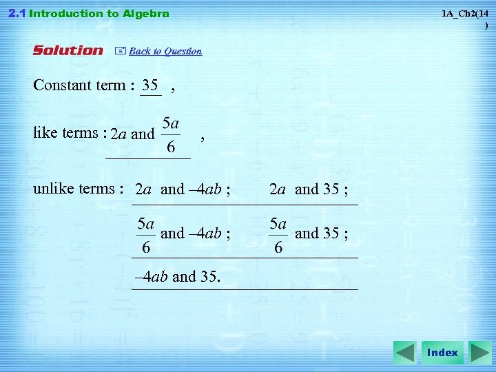 2. 1 Introduction to Algebra 1 A_Ch 2(14 ) + Back to Question Constant