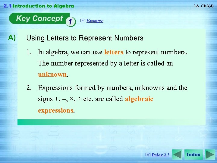 2. 1 Introduction to Algebra 1 A_Ch 2(4) + Example A) Using Letters to