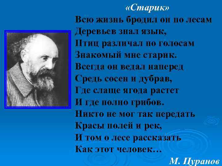  «Старик» Всю жизнь бродил он по лесам Деревьев знал язык, Птиц различал по