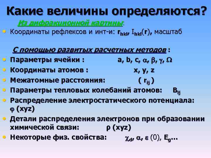 Какие величины определяются? Из дифракционной картины: • Координаты рефлексов и инт и: rhkl, Ihkl(r),