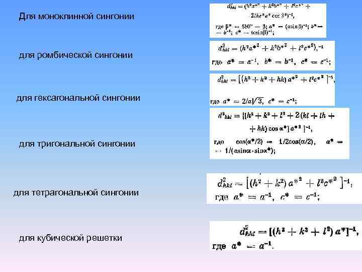 Для моноклинной сингонии для ромбической сингонии для гексагональной сингонии для тригональной сингонии для тетрагональной