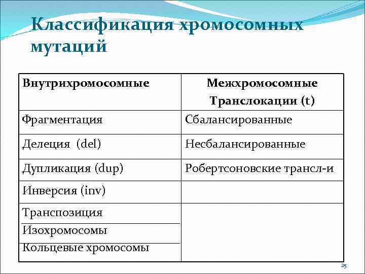 Классификация хромосомных мутаций Внутрихромосомные Межхромосомные Транслокации (t) Фрагментация Сбалансированные Делеция (del) Несбалансированные Дупликация (dup)