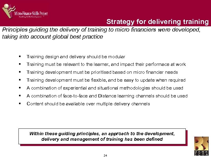 Strategy for delivering training Principles guiding the delivery of training to micro financiers were