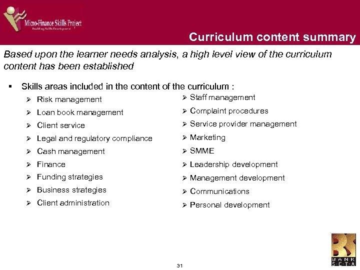 Curriculum content summary Based upon the learner needs analysis, a high level view of