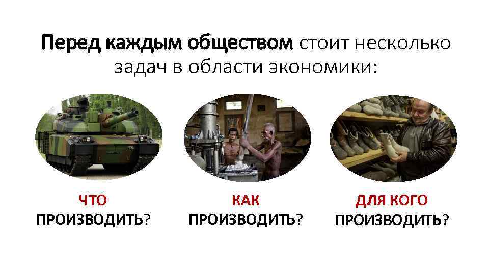 Перед каждым обществом стоит несколько задач в области экономики: ЧТО ПРОИЗВОДИТЬ? КАК ПРОИЗВОДИТЬ? ДЛЯ