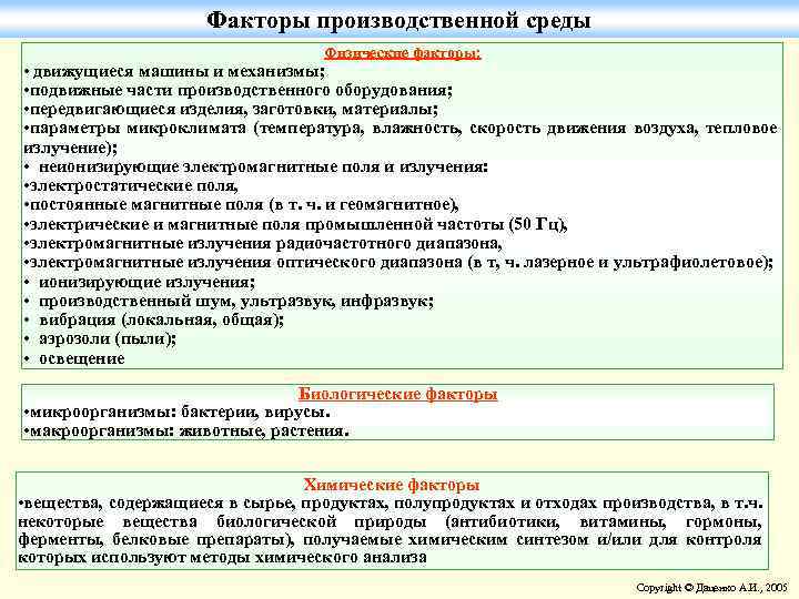 Факторы производственной среды Физические факторы: • движущиеся машины и механизмы; • подвижные части производственного