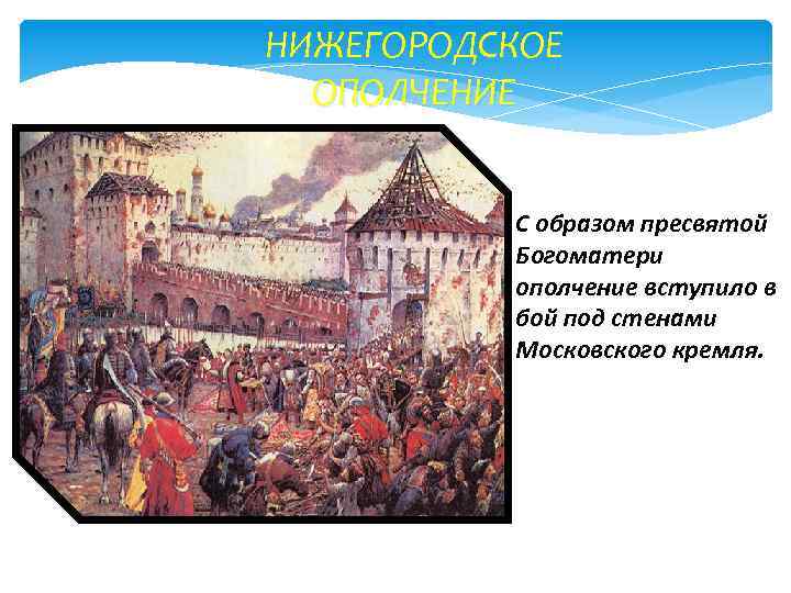 НИЖЕГОРОДСКОЕ ОПОЛЧЕНИЕ С образом пресвятой Богоматери ополчение вступило в бой под стенами Московского кремля.