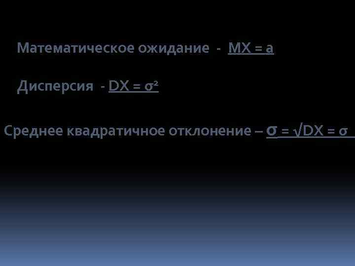 Математическое ожидание - MX = a Дисперсия - DX = σ2 Среднее квадратичное отклонение