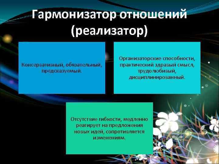 Гармонизатор отношений (реализатор) Консервативный, обязательный, предсказуемый. Организаторские способности, практический здравый смысл, трудолюбивый, дисциплинированный. Отсутствие