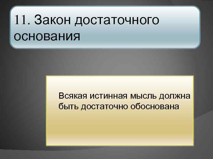 11. Закон достаточного основания Всякая истинная мысль должна быть достаточно обоснована 