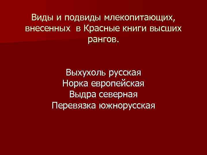 Виды и подвиды млекопитающих, внесенных в Красные книги высших рангов. Выхухоль русская Норка европейская
