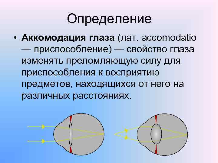 Определение • Аккомодация глаза (лат. accomodatio — приспособление) — свойство глаза изменять преломляющую силу