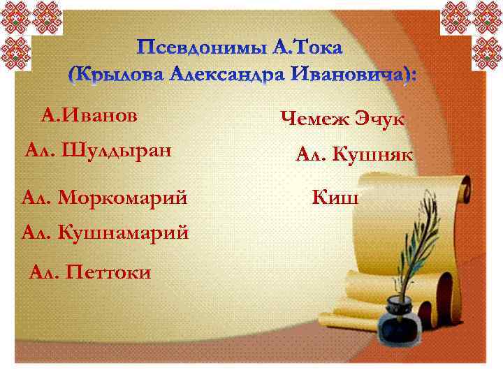 А. Иванов Ал. Шулдыран Ал. Моркомарий Ал. Кушнамарий Ал. Петтоки Чемеж Эчук Ал. Кушняк