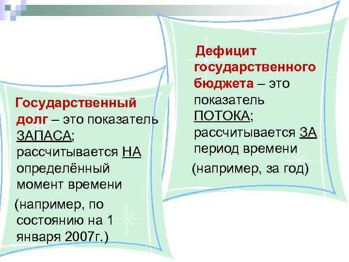Государственный долг – это показатель ЗАПАСА; рассчитывается НА определённый момент времени (например, по состоянию