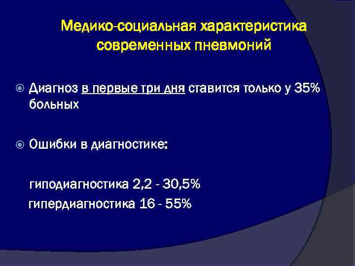 Медико-социальная характеристика современных пневмоний Диагноз в первые три дня ставится только у 35% больных