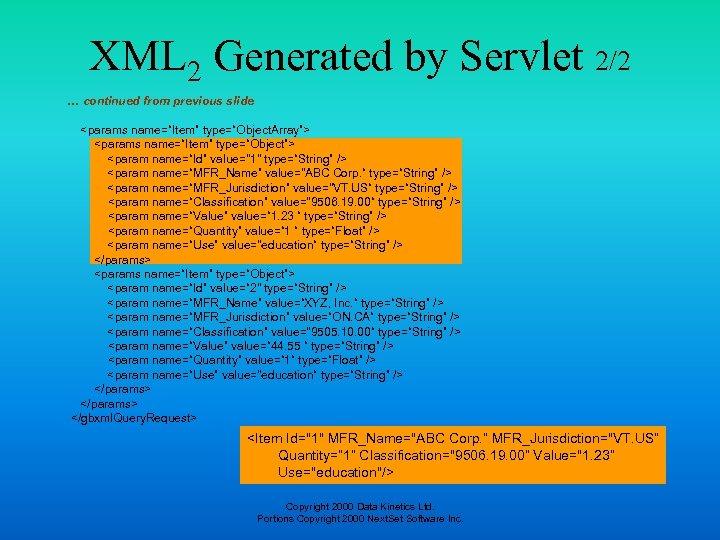 XML 2 Generated by Servlet 2/2 … continued from previous slide <params name=“Item” type=“Object.