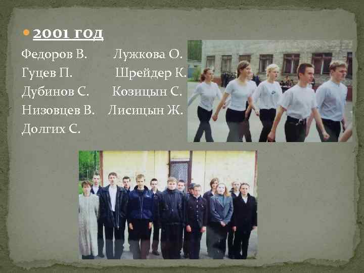  2001 год Федоров В. Гуцев П. Дубинов С. Низовцев В. Долгих С. Лужкова