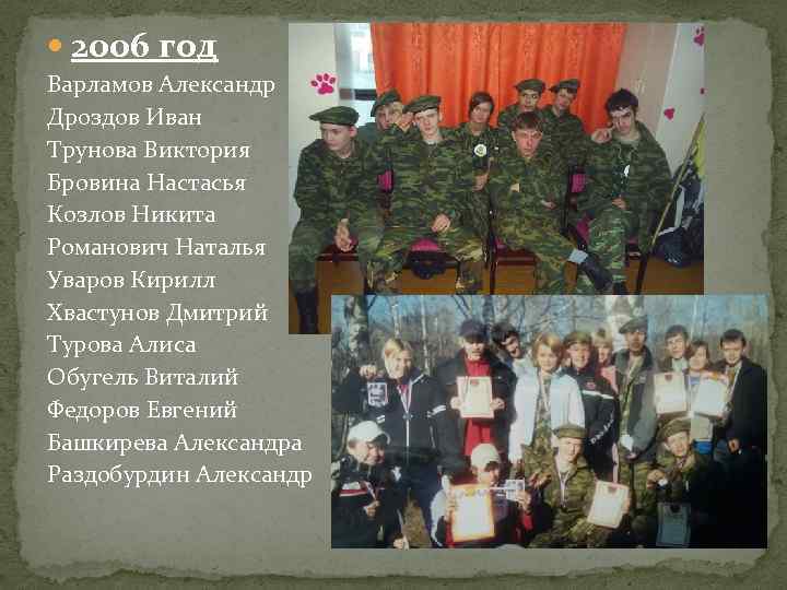  2006 год Варламов Александр Дроздов Иван Трунова Виктория Бровина Настасья Козлов Никита Романович