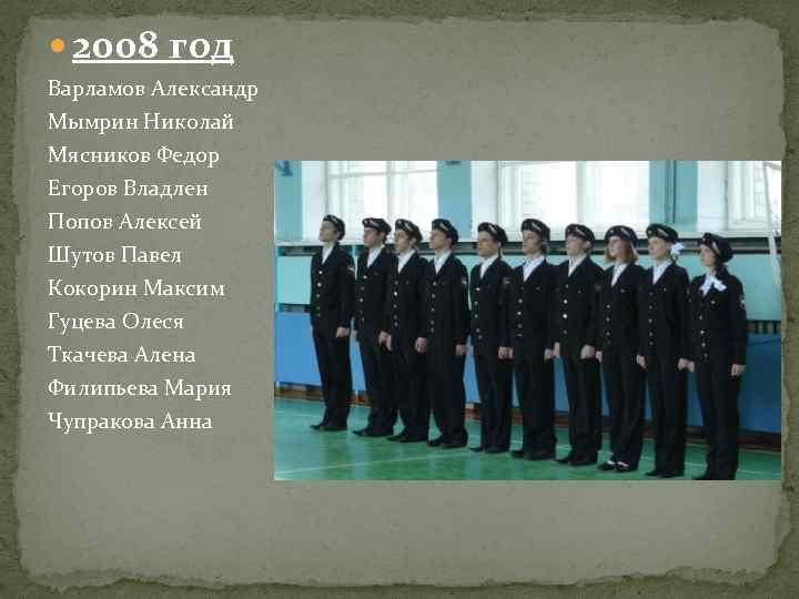  2008 год Варламов Александр Мымрин Николай Мясников Федор Егоров Владлен Попов Алексей Шутов