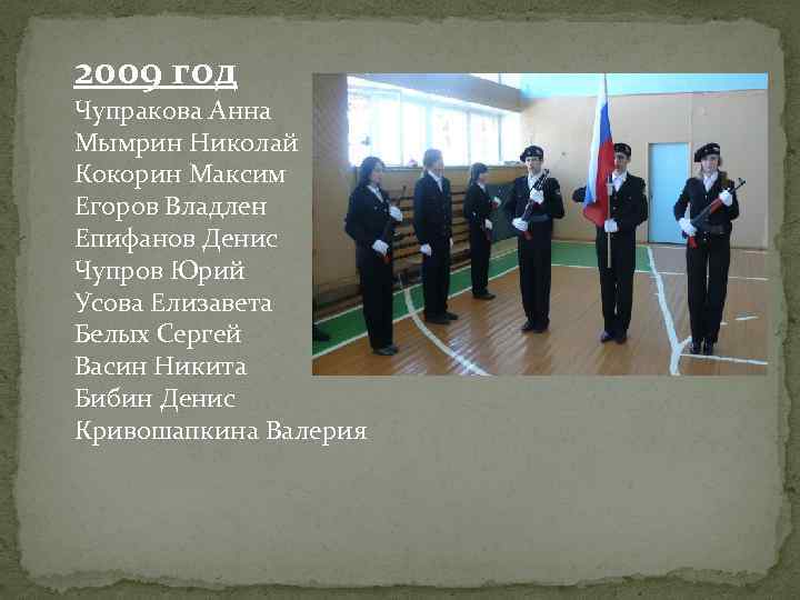 2009 год Чупракова Анна Мымрин Николай Кокорин Максим Егоров Владлен Епифанов Денис Чупров Юрий