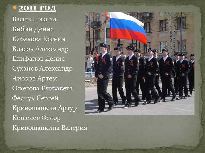 2011 год Васин Никита Бибин Денис Кабакова Ксения Власов Александр Епифанов Денис Суханов