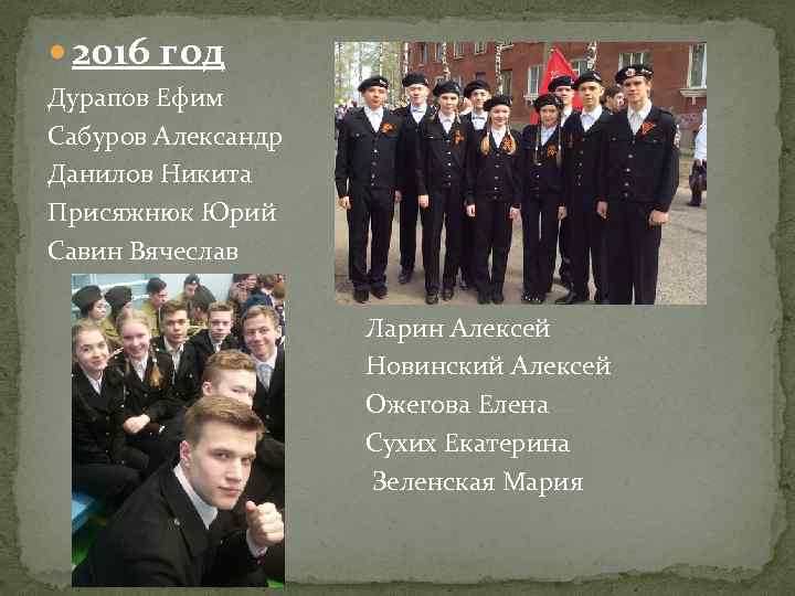  2016 год Дурапов Ефим Сабуров Александр Данилов Никита Присяжнюк Юрий Савин Вячеслав Ларин