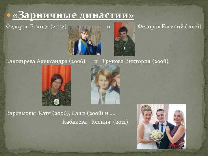  «Зарничные династии» Федоров Володя (2002) Башкирева Александра (2006) и Федоров Евгений (2006) и