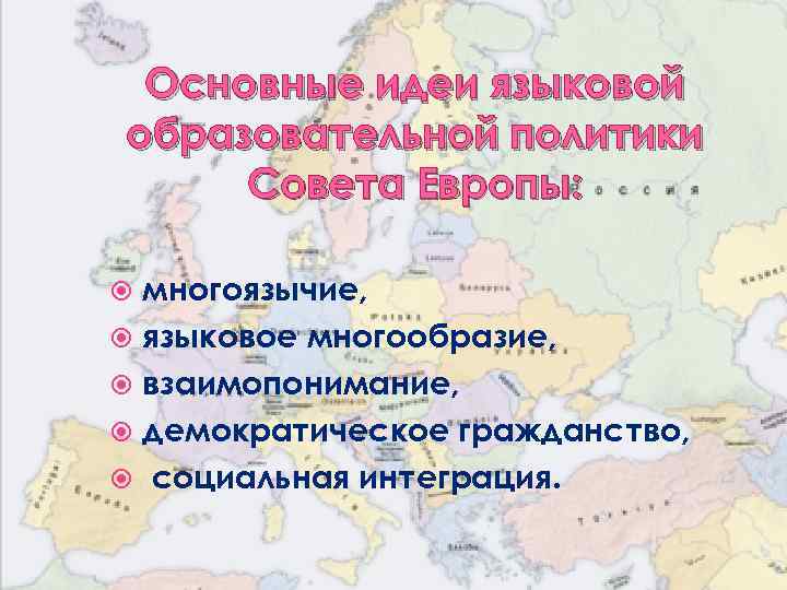 Основные идеи языковой образовательной политики Совета Европы: многоязычие, языковое многообразие, взаимопонимание, демократическое гражданство, социальная