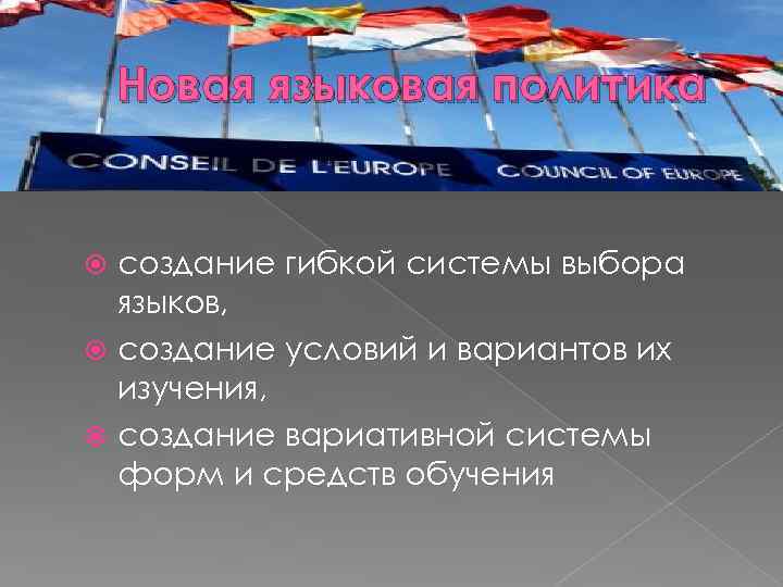 Новая языковая политика создание гибкой системы выбора языков, создание условий и вариантов их изучения,