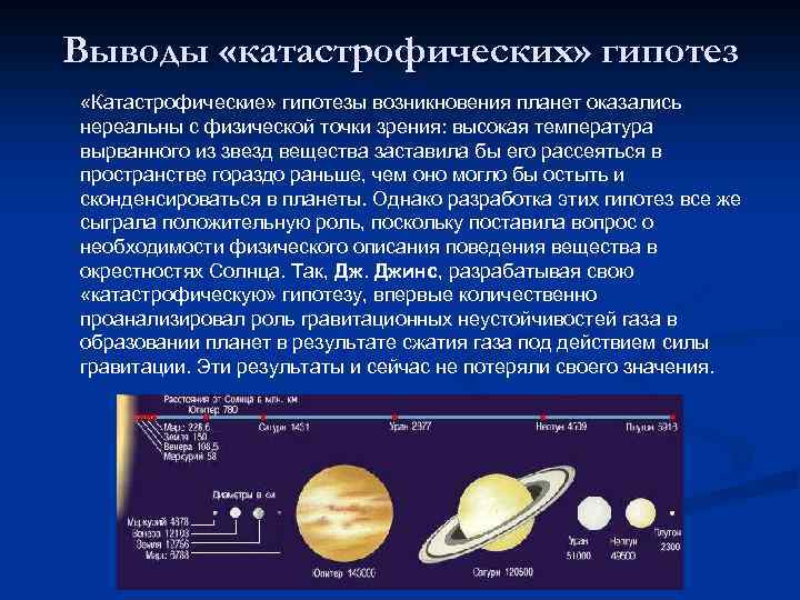 Выводы «катастрофических» гипотез «Катастрофические» гипотезы возникновения планет оказались нереальны с физической точки зрения: высокая