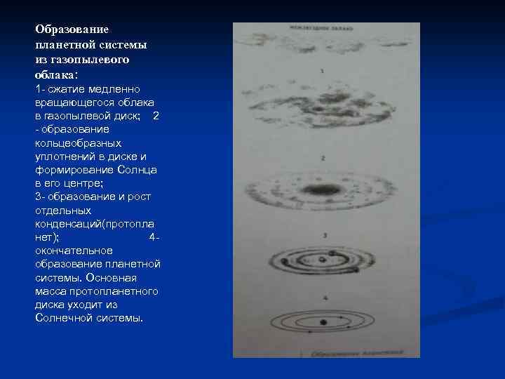 Образование планетной системы из газопылевого облака: 1 - сжатие медленно вращающегося облака в газопылевой
