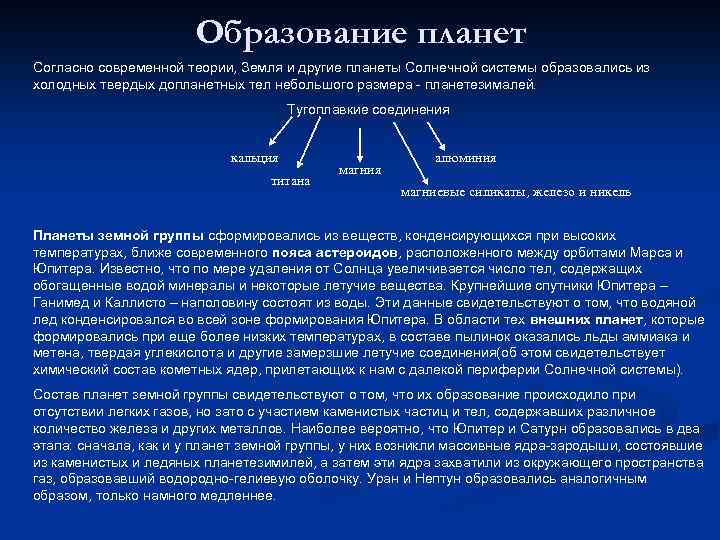 Образование планет Согласно современной теории, Земля и другие планеты Солнечной системы образовались из холодных