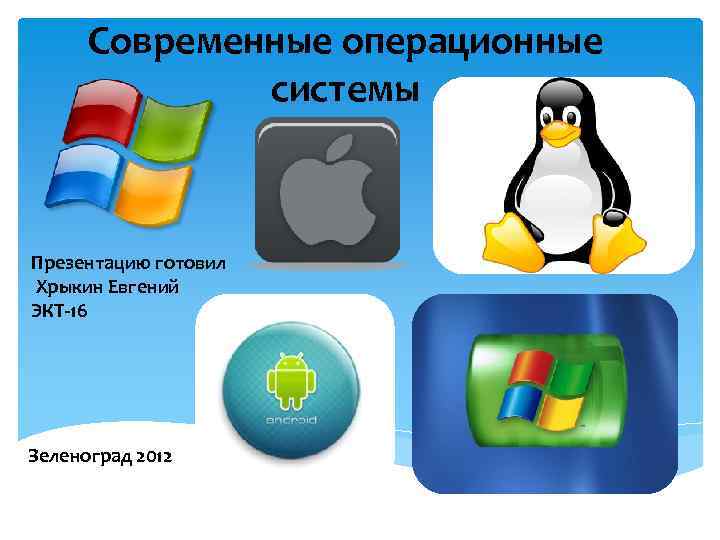 Современные операционные системы Презентацию готовил Хрыкин Евгений ЭКТ-16 Зеленоград 2012 