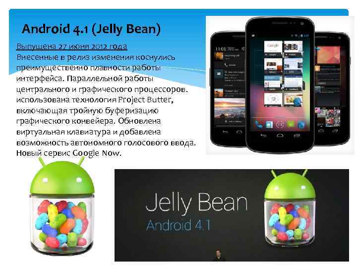 Android 4. 1 (Jelly Bean) Выпущена 27 июня 2012 года Внесенные в релиз изменения