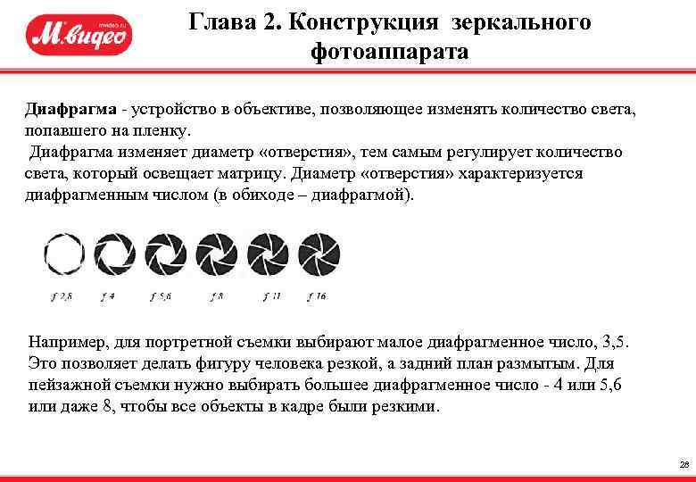 Глава 2. Конструкция зеркального фотоаппарата Диафрагма - устройство в объективе, позволяющее изменять количество света,