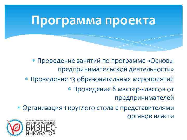 Программа проекта Проведение занятий по программе «Основы предпринимательской деятельности» Проведение 13 образовательных мероприятий Проведение