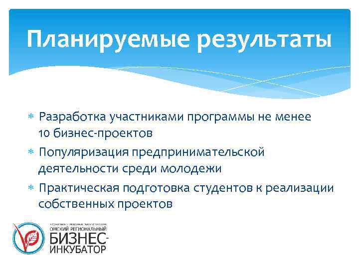 Планируемые результаты Разработка участниками программы не менее 10 бизнес-проектов Популяризация предпринимательской деятельности среди молодежи