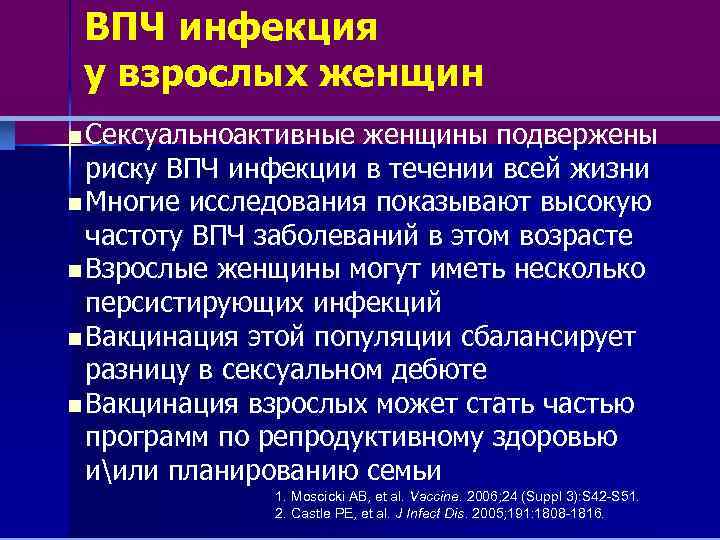 ВПЧ инфекция у взрослых женщин n Сексуальноактивные женщины подвержены риску ВПЧ инфекции в течении