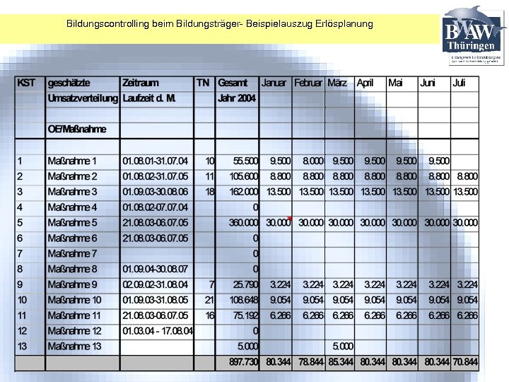 Bildungscontrolling beim Bildungsträger- Beispielauszug Erlösplanung 