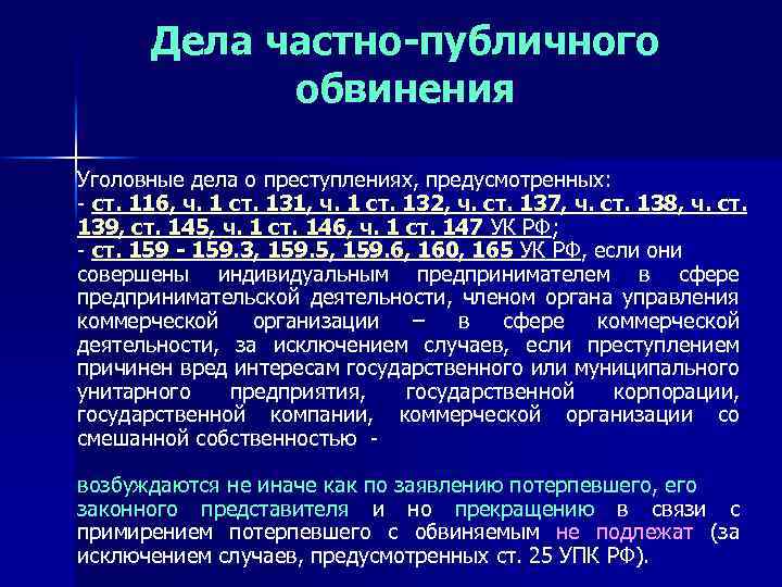 Дела частно-публичного обвинения Уголовные дела о преступлениях, предусмотренных: - ст. 116, ч. 1 ст.