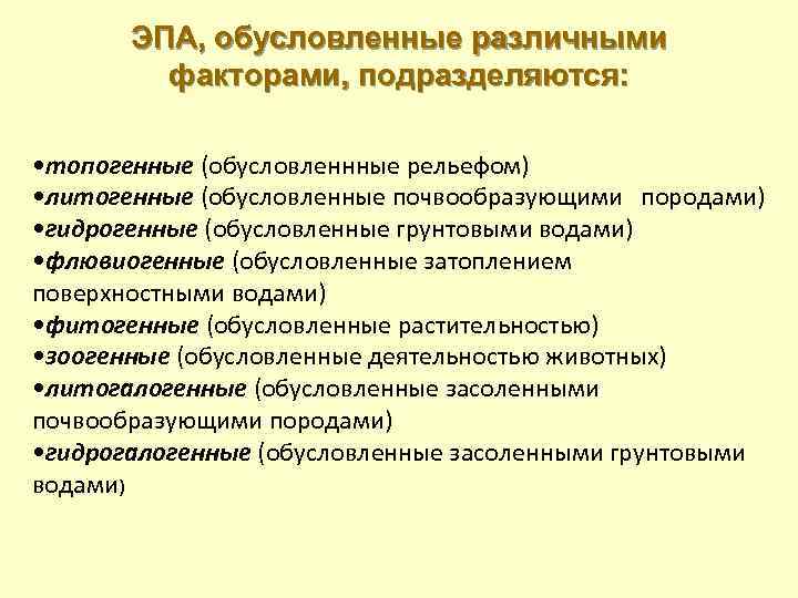 ЭПА, обусловленные различными факторами, подразделяются: • топогенные (обусловленнные рельефом) • литогенные (обусловленные почвообразующими породами)