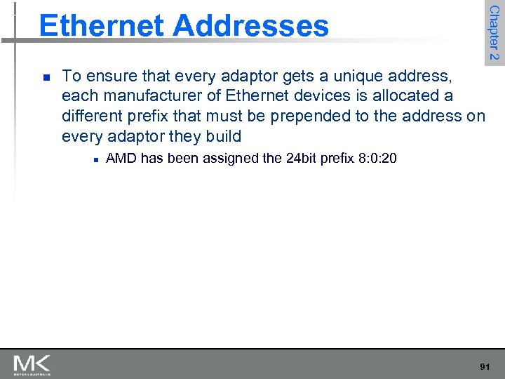 Chapter 2 Ethernet Addresses n To ensure that every adaptor gets a unique address,