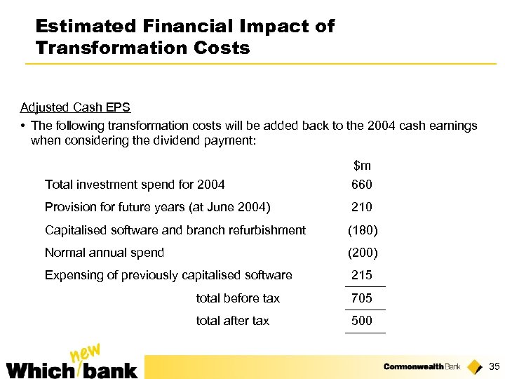 Estimated Financial Impact of Transformation Costs Adjusted Cash EPS • The following transformation costs