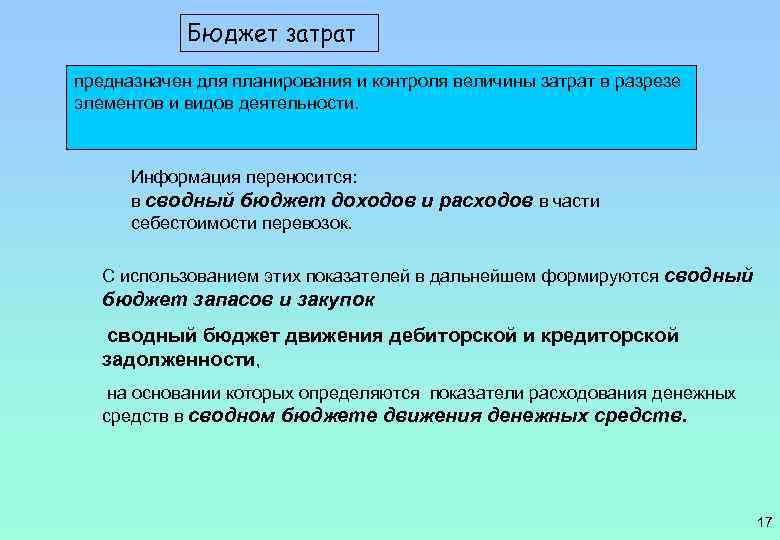 Бюджет затрат предназначен для планирования и контроля величины затрат в разрезе элементов и видов